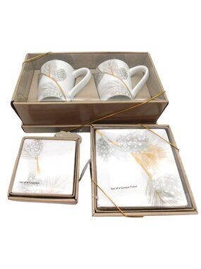 St Nicholas Square Mug Canape Plate Coaster Set White Silver Gold Pinecone Print
